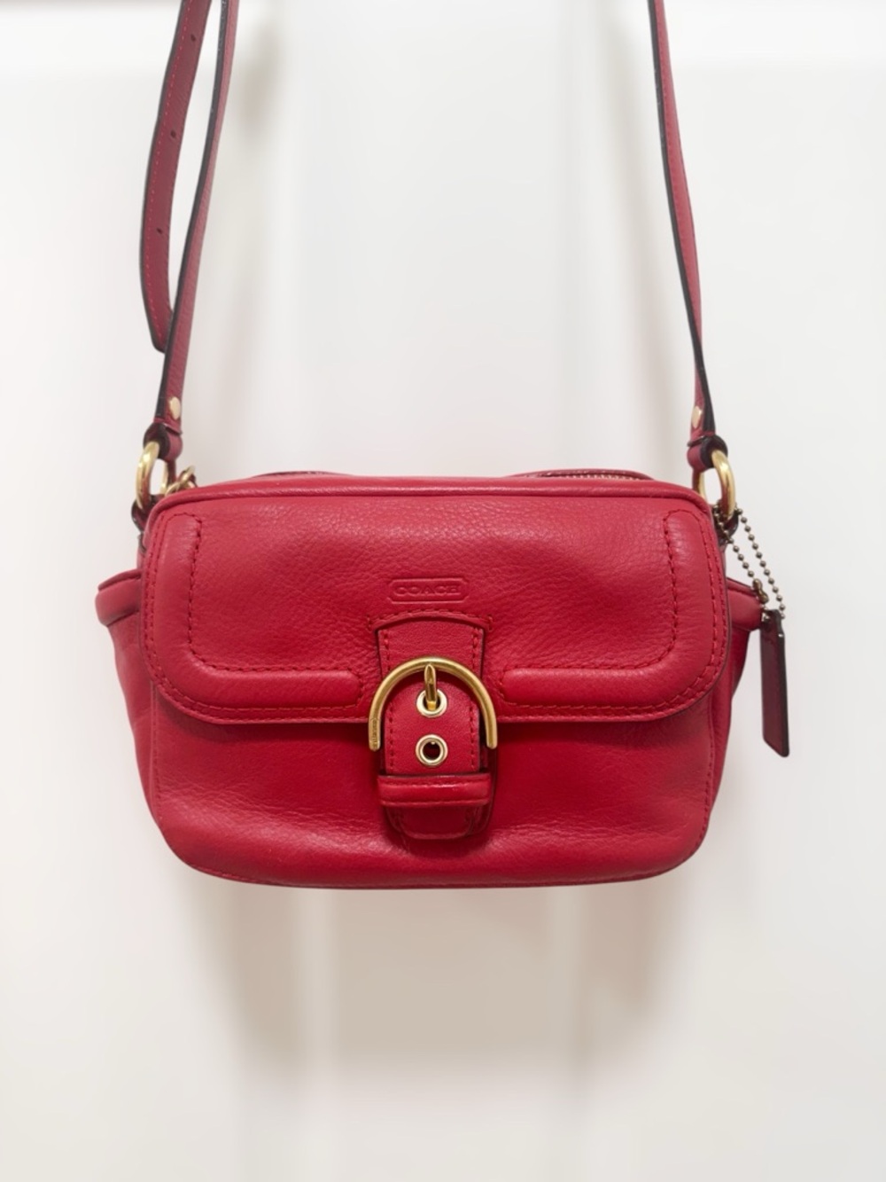 Coach Campbell Buckle Flap Camera Crossbody Red Pebbled Leather F25150